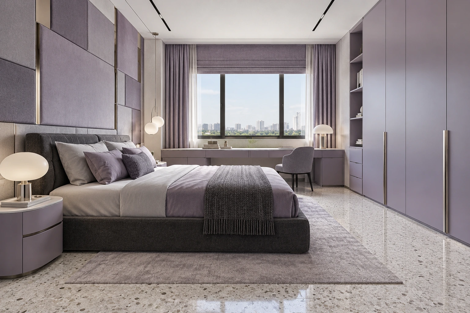 Lilac & charcoal contemporary bedroom
