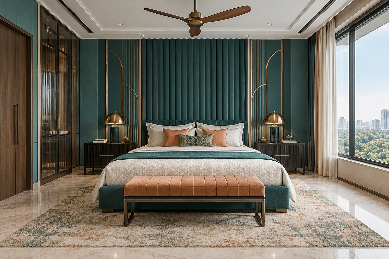 Teal & apricot Art Deco bedroom