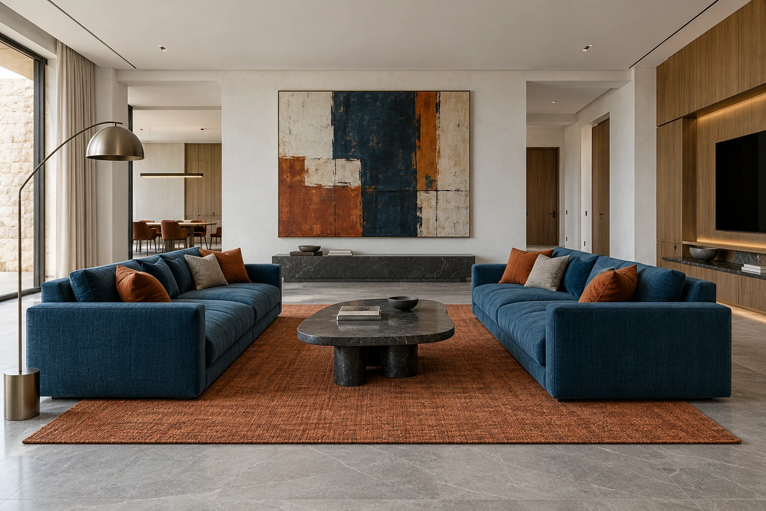 Petrol blue & rust drawing room