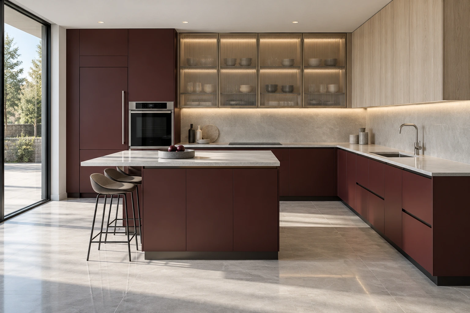 Burgundy & pale ash island kitchen