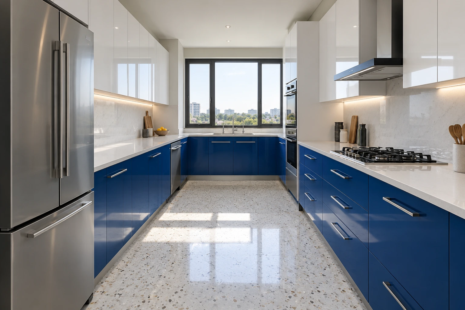 Cobalt & white kitchen with stainless steel details