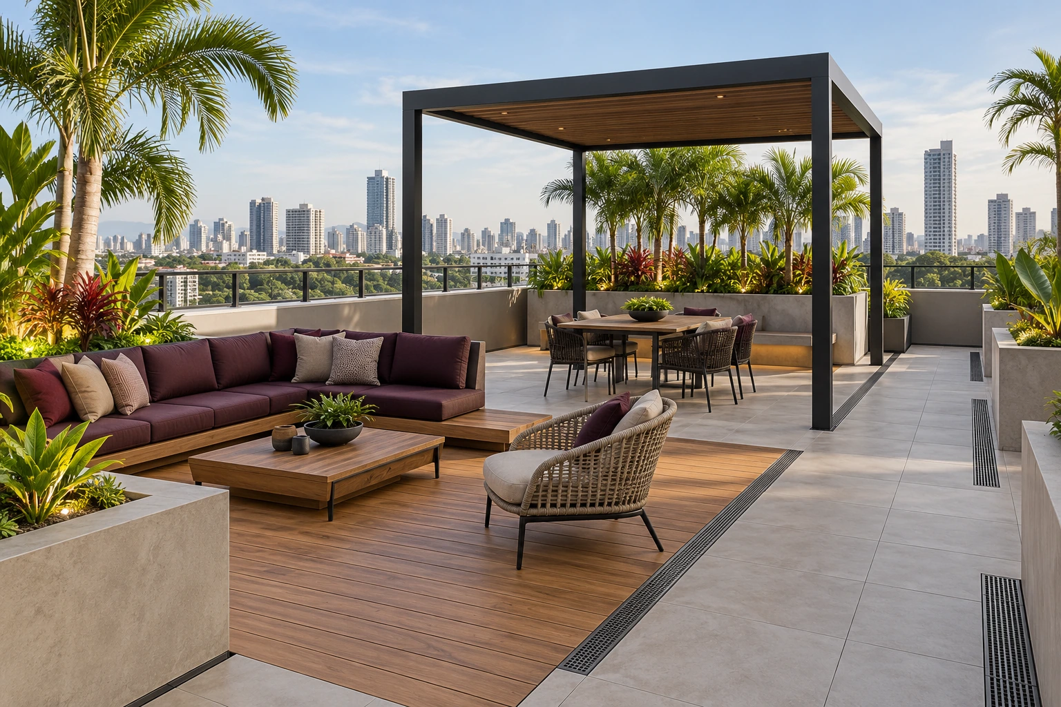 Tropical terrace with sage & plum seating