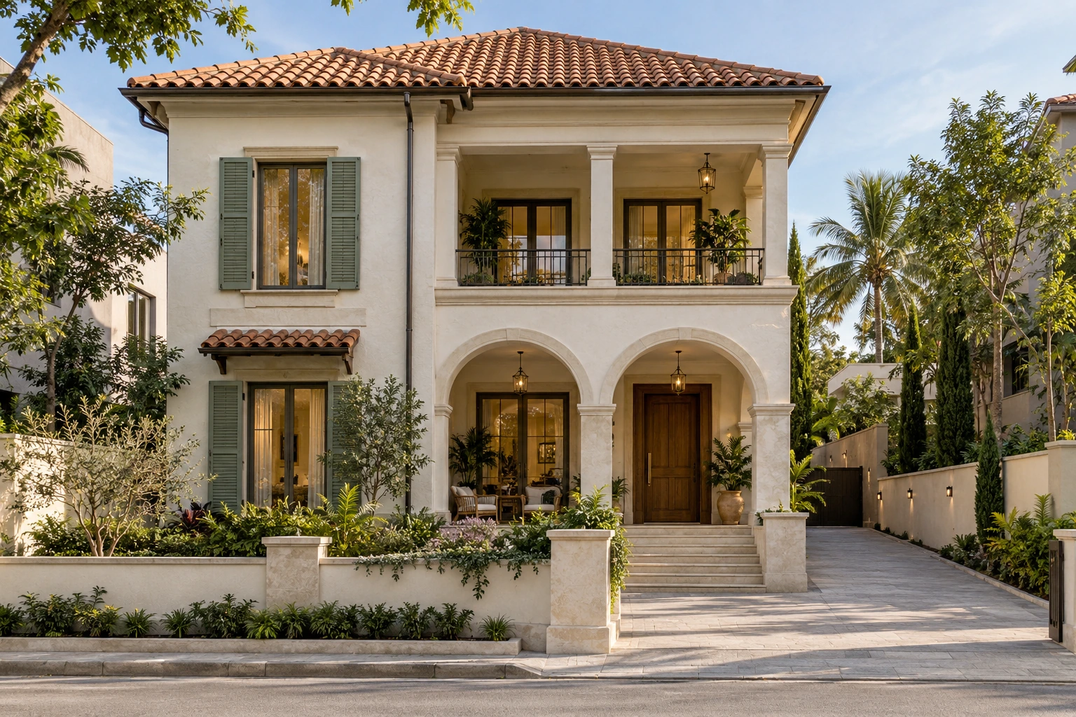 White stucco & sage Mediterranean villa elevation
