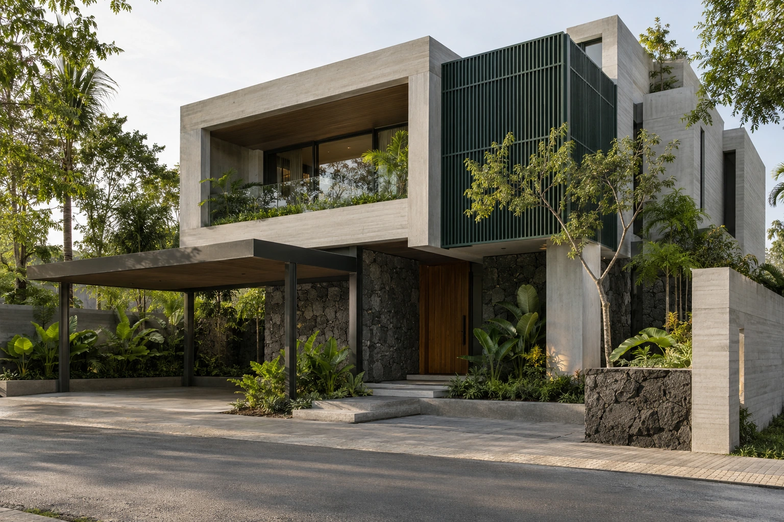 Concrete & forest-green tropical villa elevation