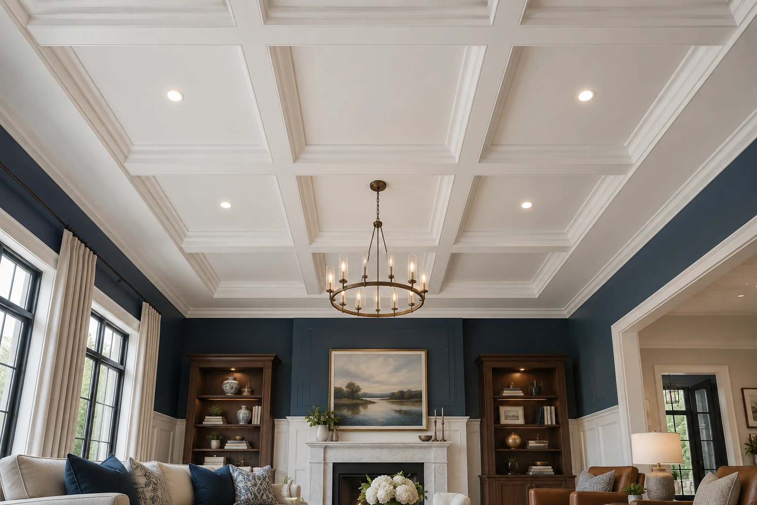 Coffered ceiling — ivory & deep blue