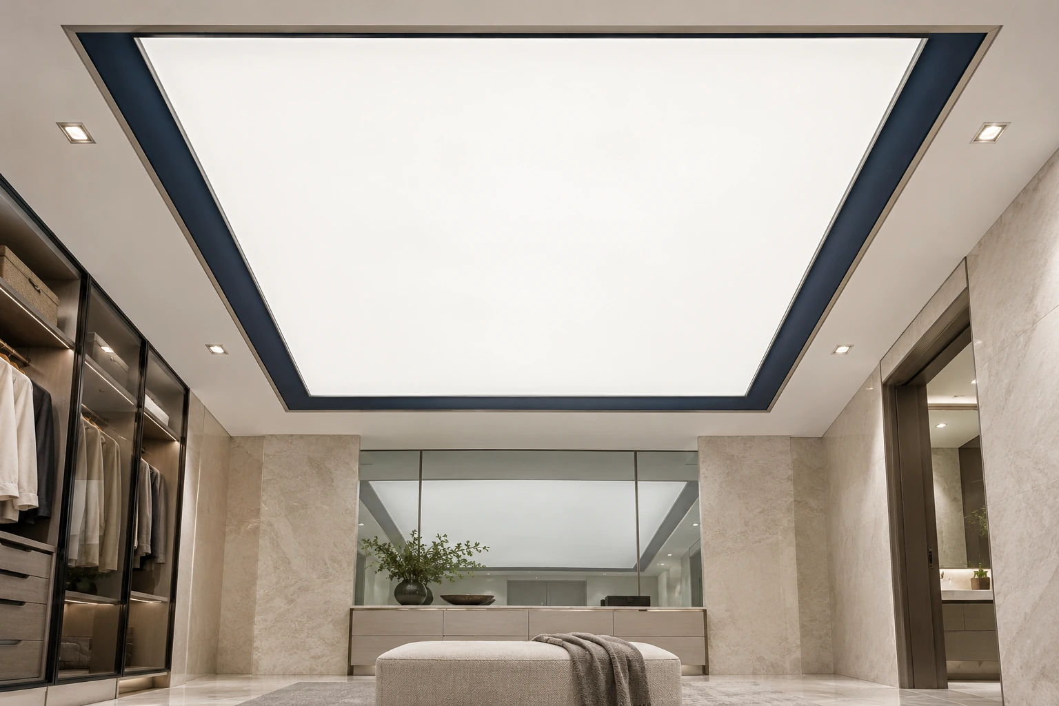 Luminous ceiling — opal & midnight blue