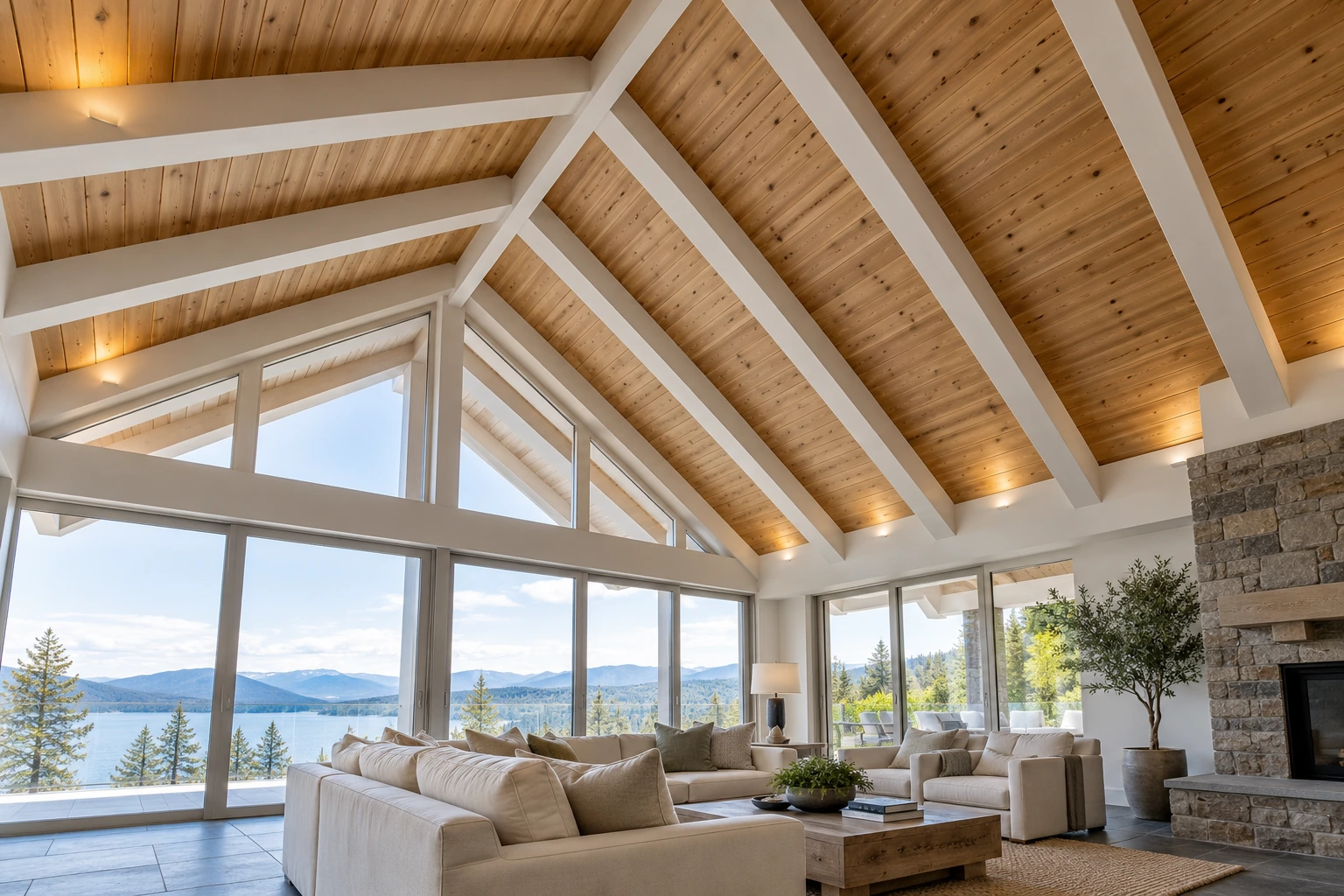 Vaulted terrace ceiling — white rafters & cedar