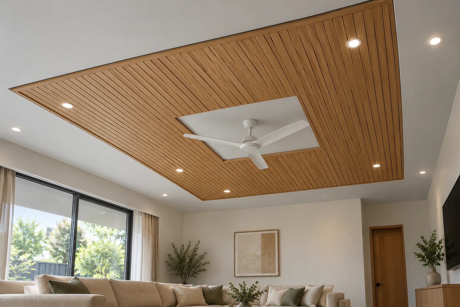Wood-strip ceiling — honey ash & stone