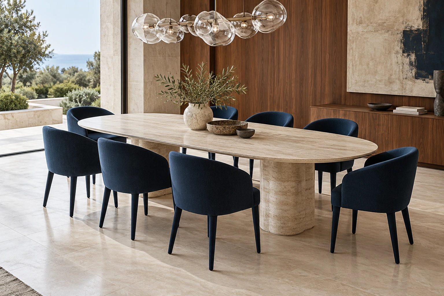 Eight-seater dining — ink blue & travertine