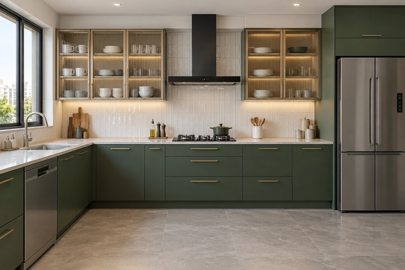 Glass-front kitchen — forest green & champagne