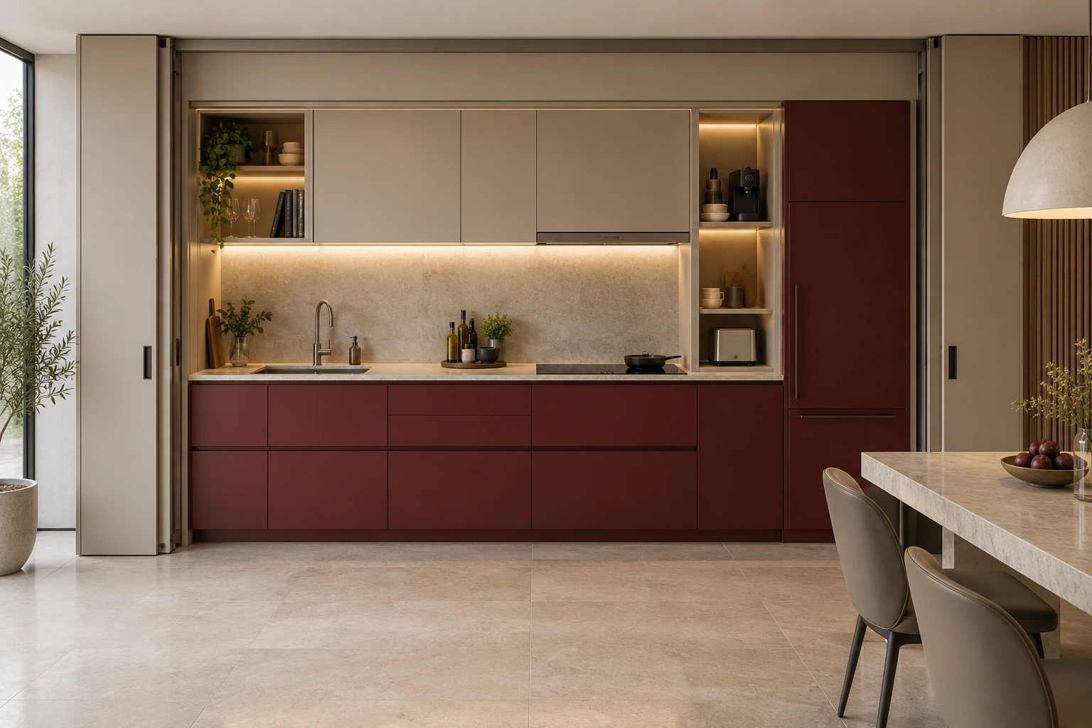 Pocket-door kitchen — sand & wine