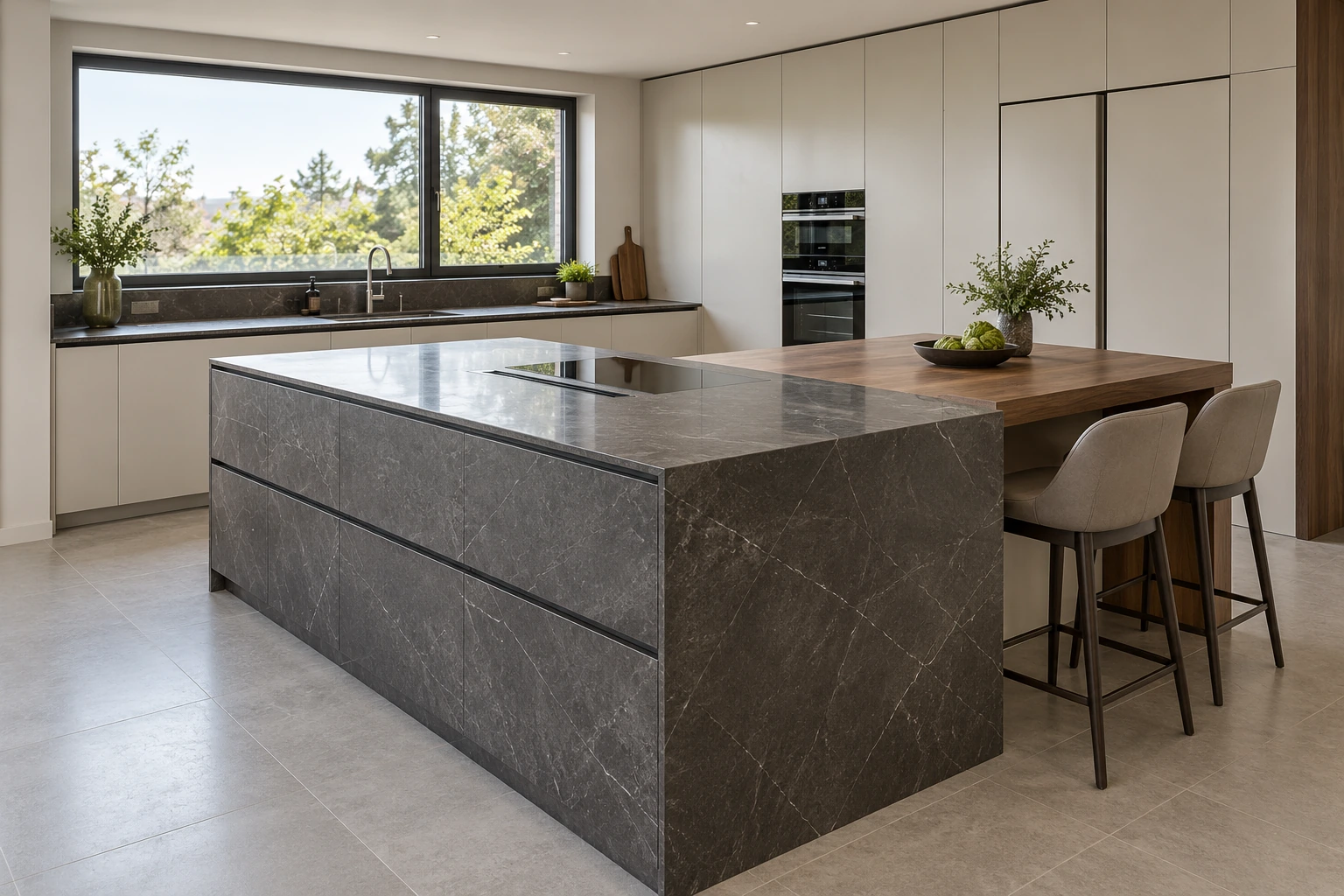 Porcelain island kitchen — basalt & ivory