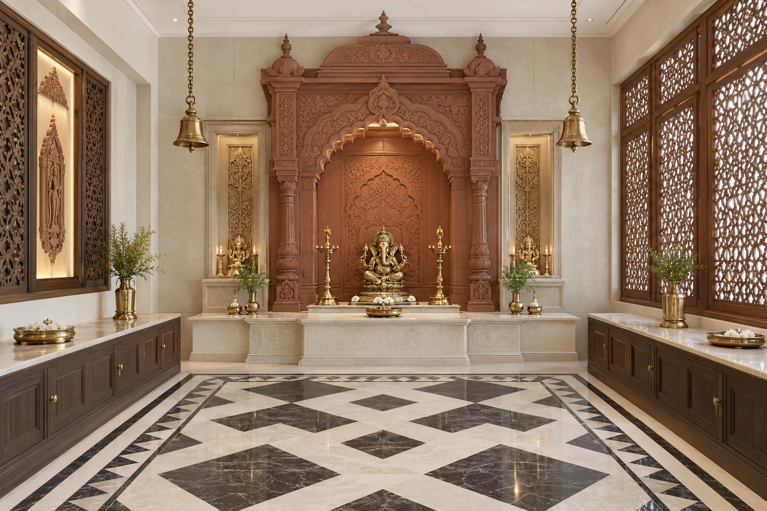 Grand pooja room — red sandstone & cream marble