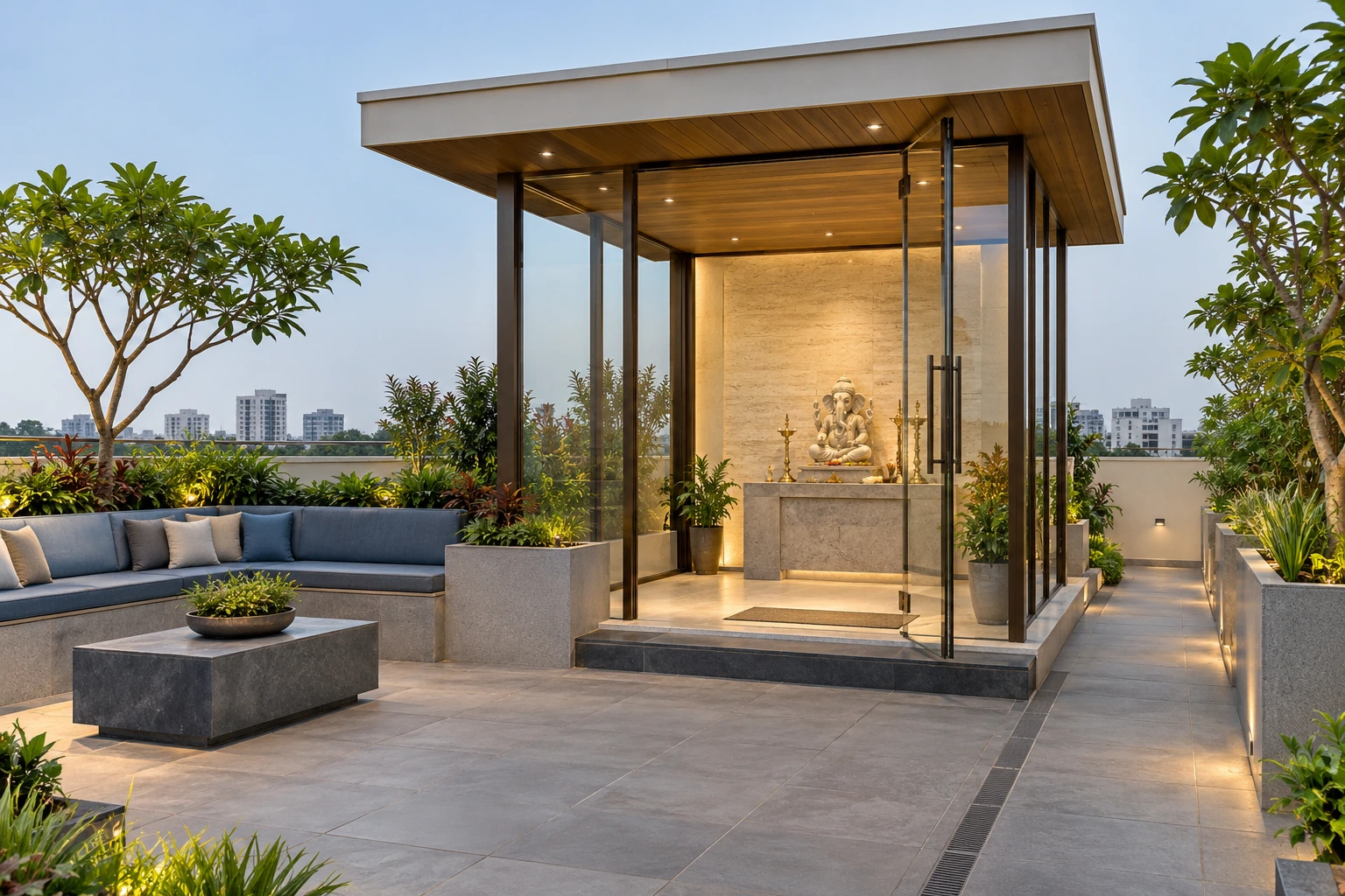 Glass terrace pooja pavilion — bronze & limestone