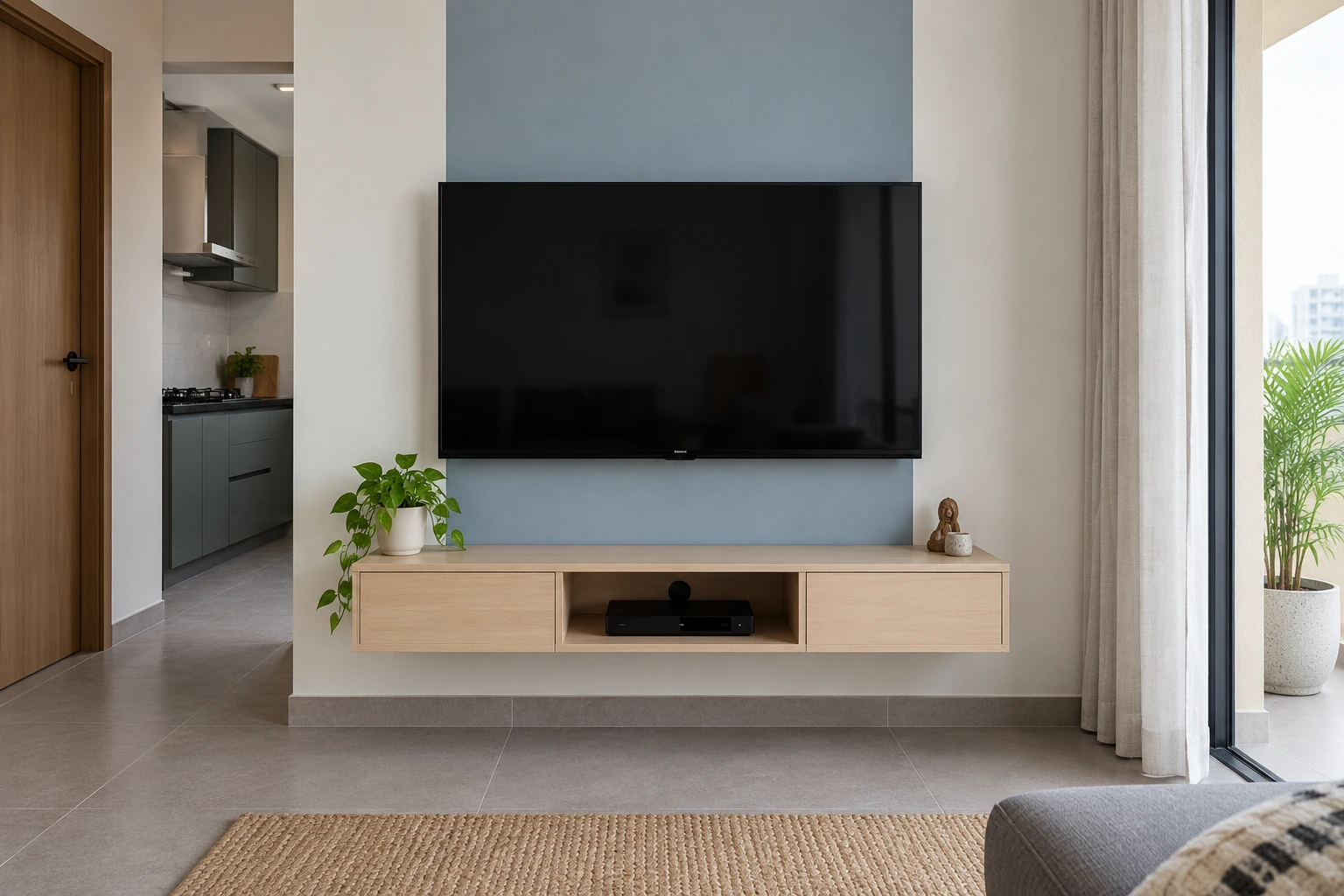 Compact TV unit — white & birch