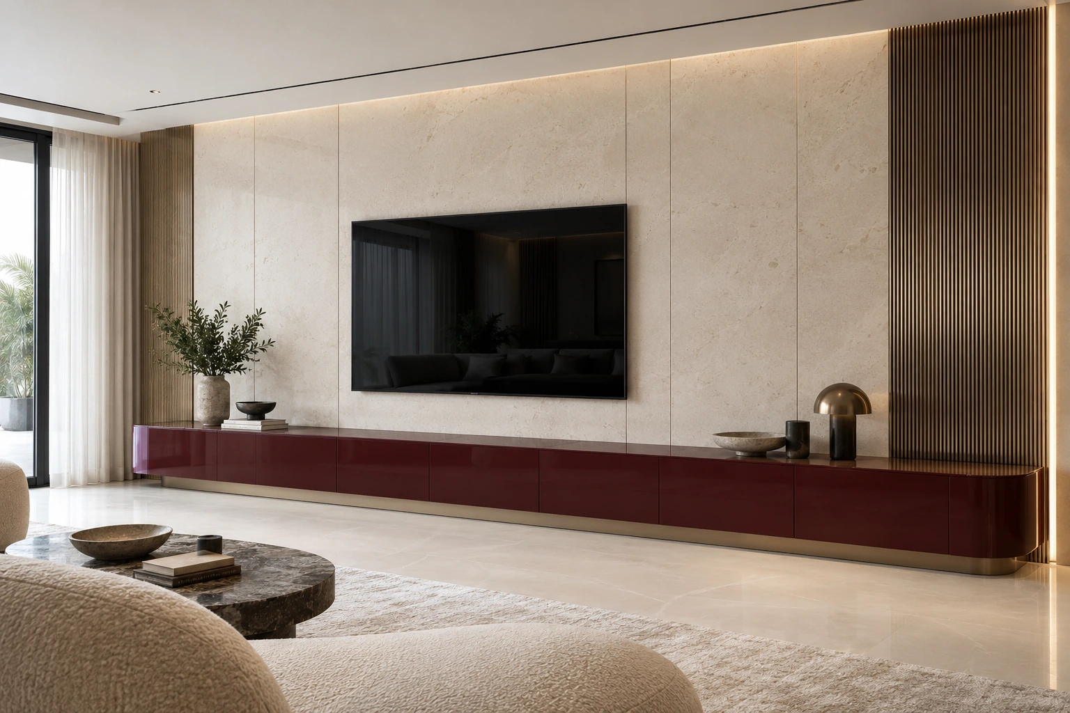 Sculptural TV wall — burgundy & ivory