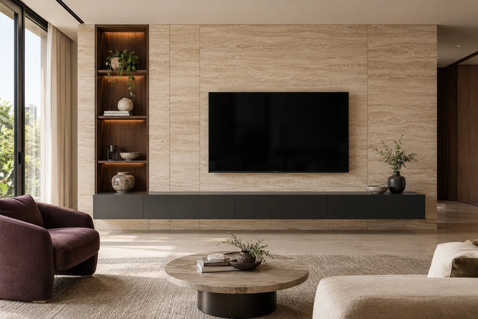 Travertine TV wall — charcoal & sand