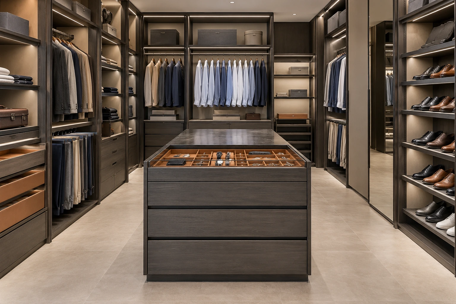 Walk-in wardrobe interior — graphite & cognac