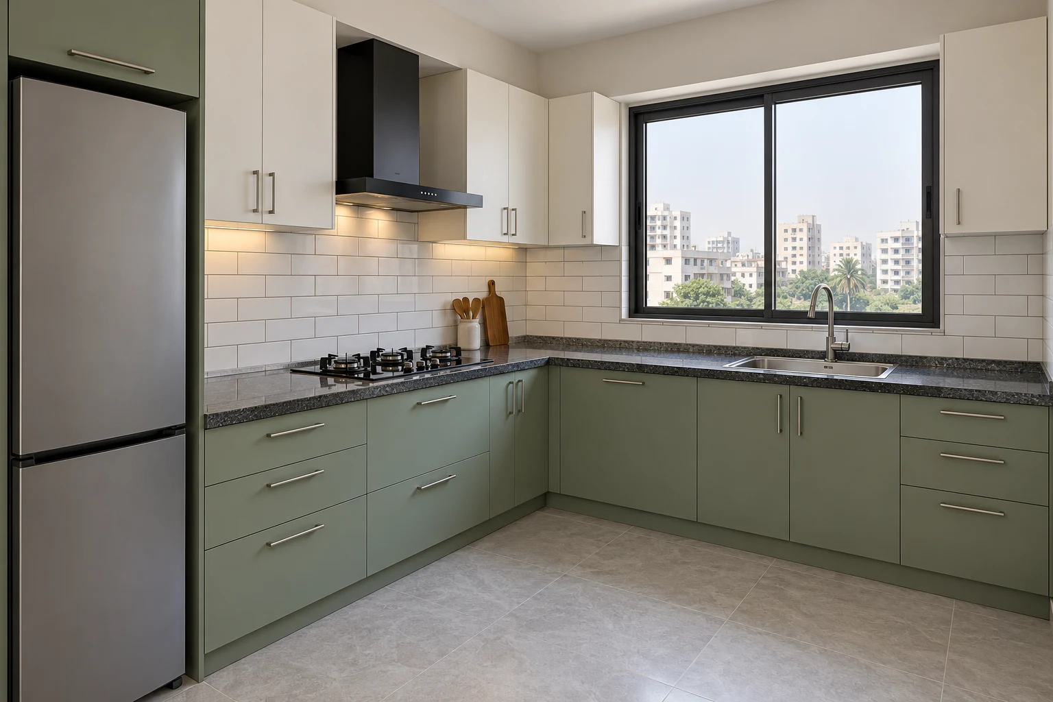 Sage L-shaped kitchen with a dark granite-look worktop