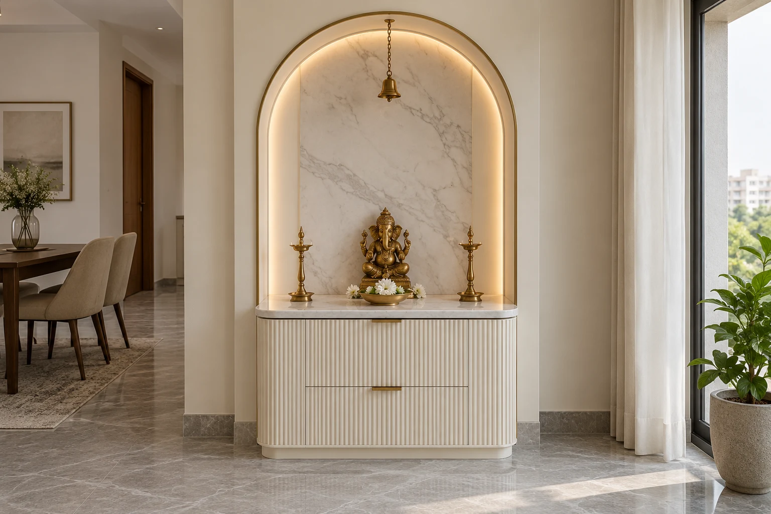 Ivory arched pooja unit with fluted drawers and brass accents