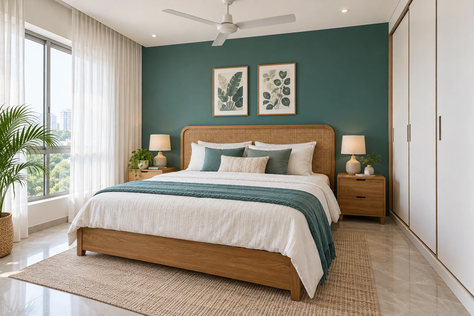 Teal bedroom with a cane headboard and oak-look furniture