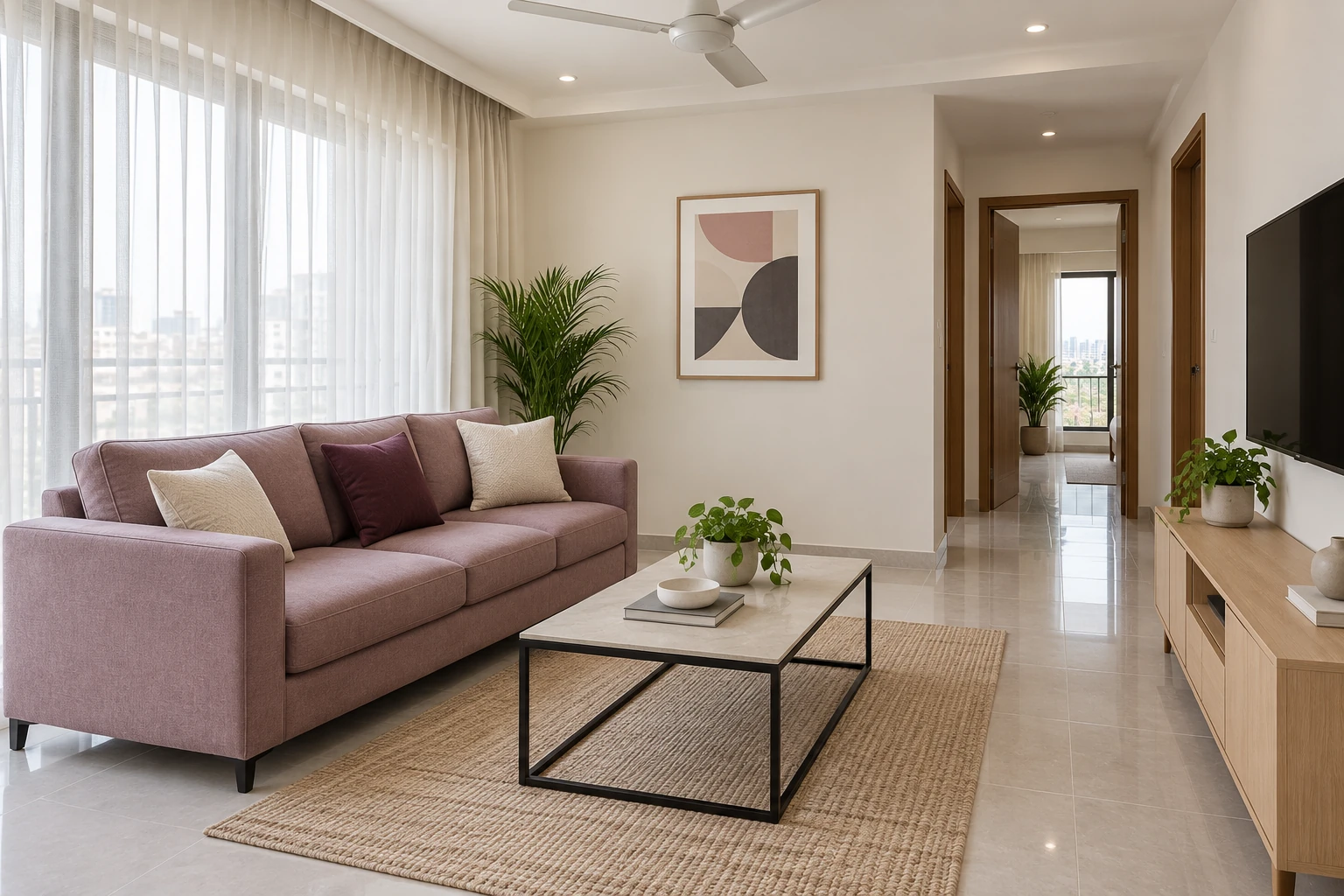 Mauve living room with a slim coffee table and oak-look TV console