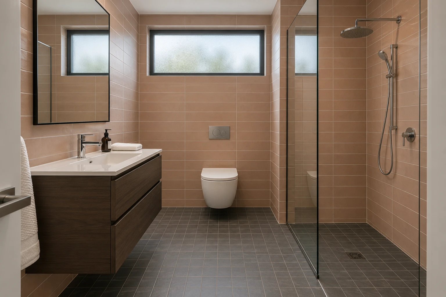 Peach tile bathroom with a dark oak vanity and grey floor