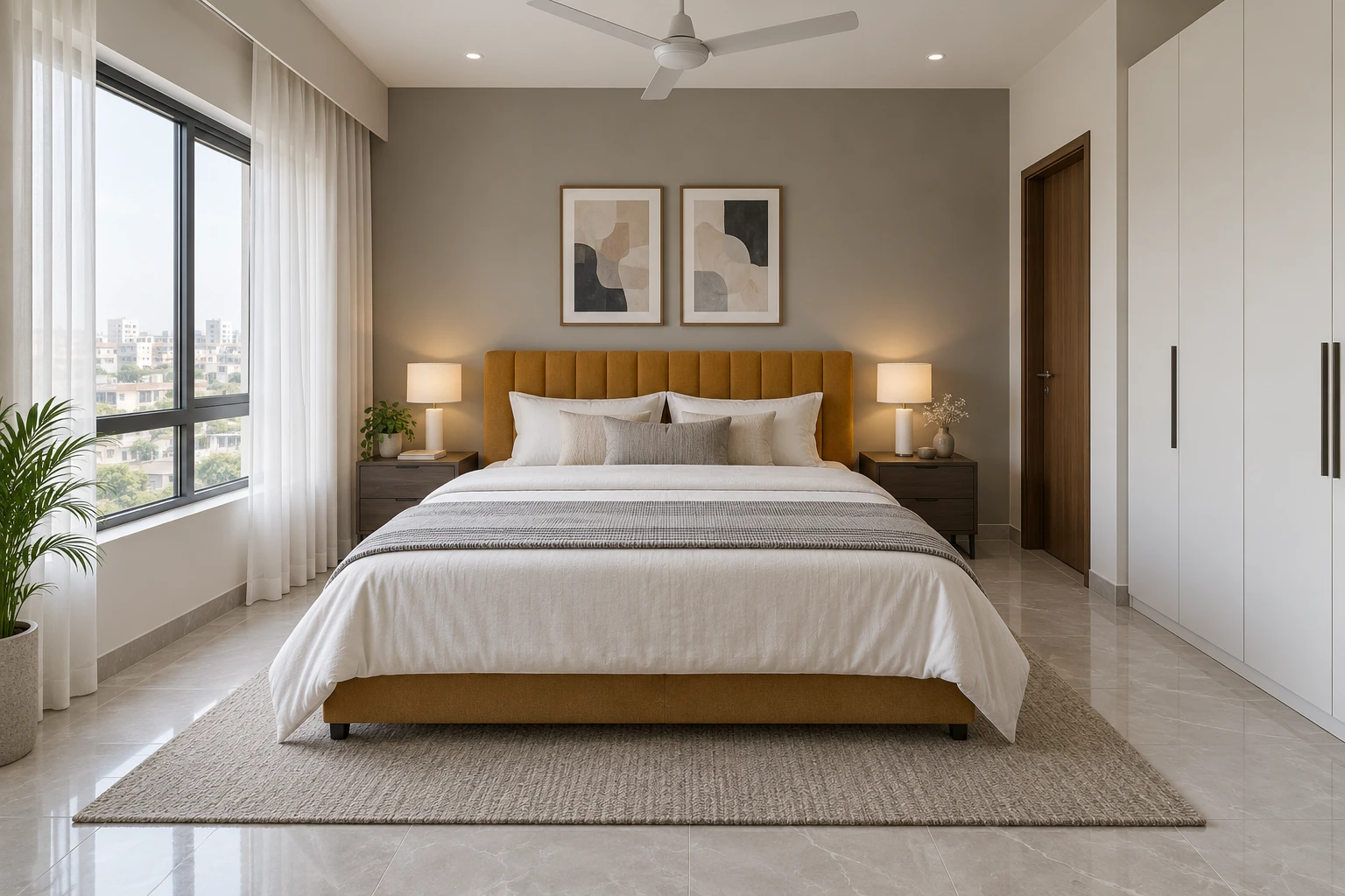 Saffron bedroom with a grey feature wall and dark ash bedside cabinets