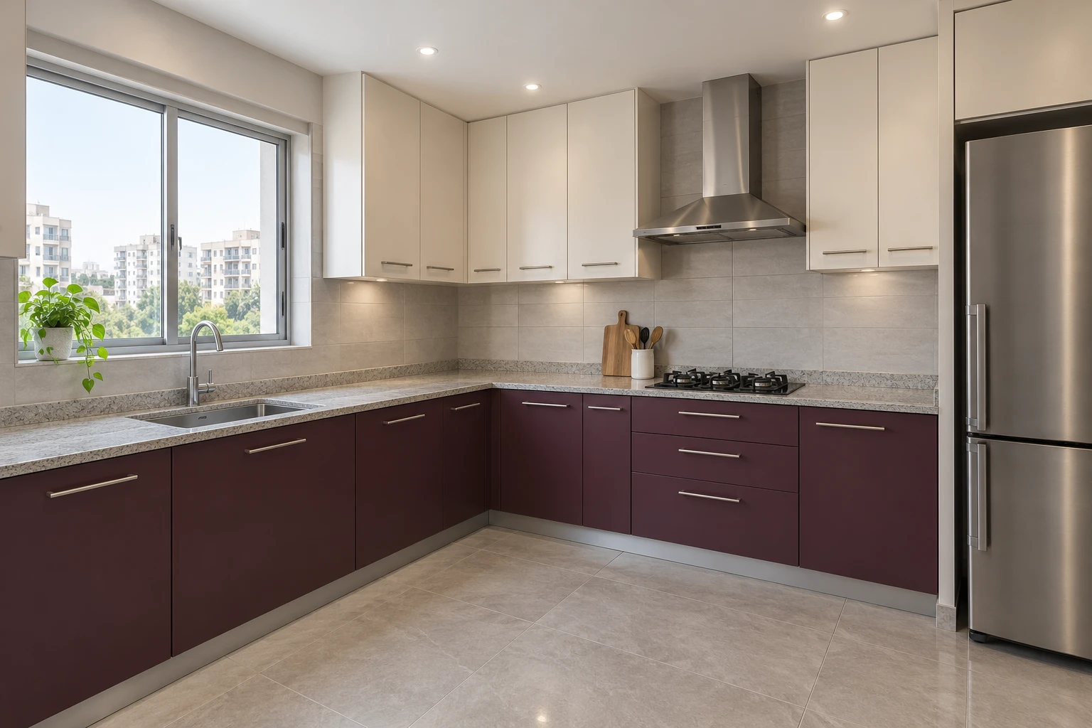 Plum and ivory modular kitchen with a speckled grey worktop