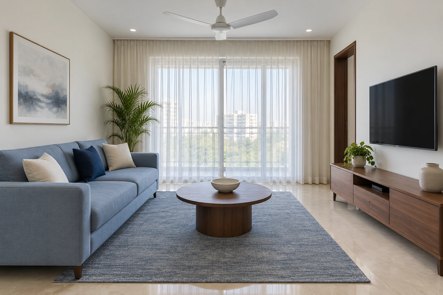 Powder blue living room with walnut tables and an ivory backdrop