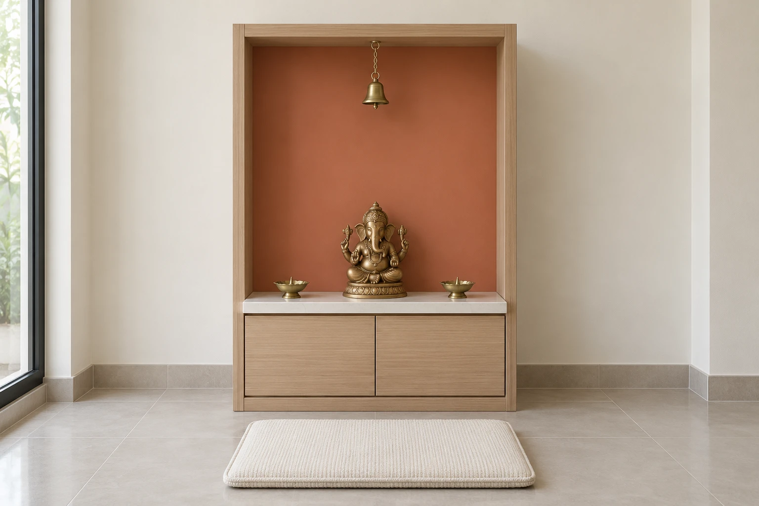 Coral pooja unit with a pale ash frame and white altar shelf
