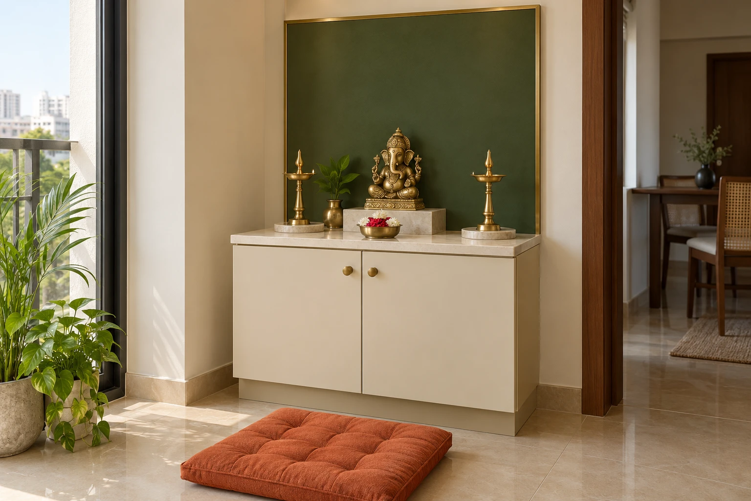 Olive green pooja unit with ivory storage and brass accents