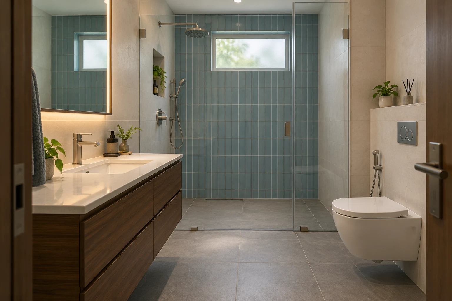 Blue tile bathroom with a floating wood-look vanity