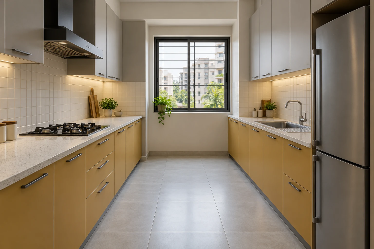 Ochre and grey parallel modular kitchen