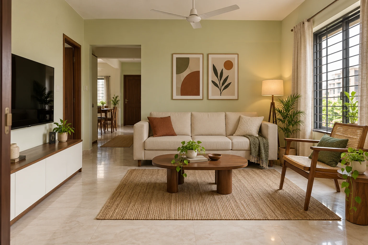 Pistachio living room with cane and walnut accents