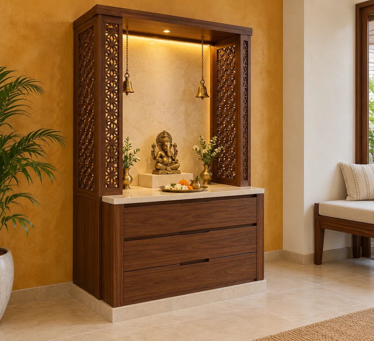 Walnut lattice pooja unit against a saffron wall