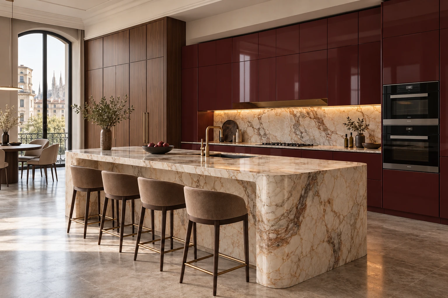Burgundy Milanese island kitchen