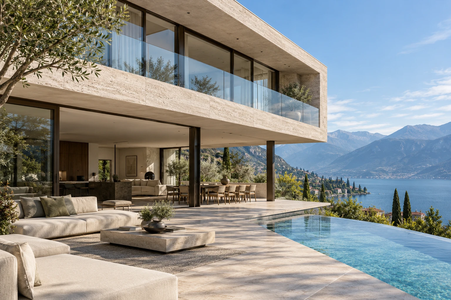 Italian lakeside villa in travertine