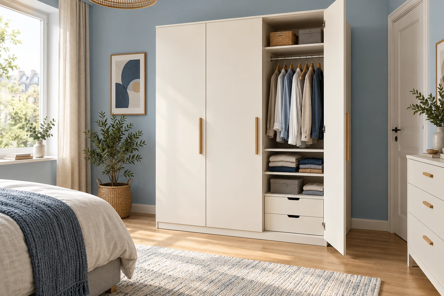 White wardrobe with oak handles